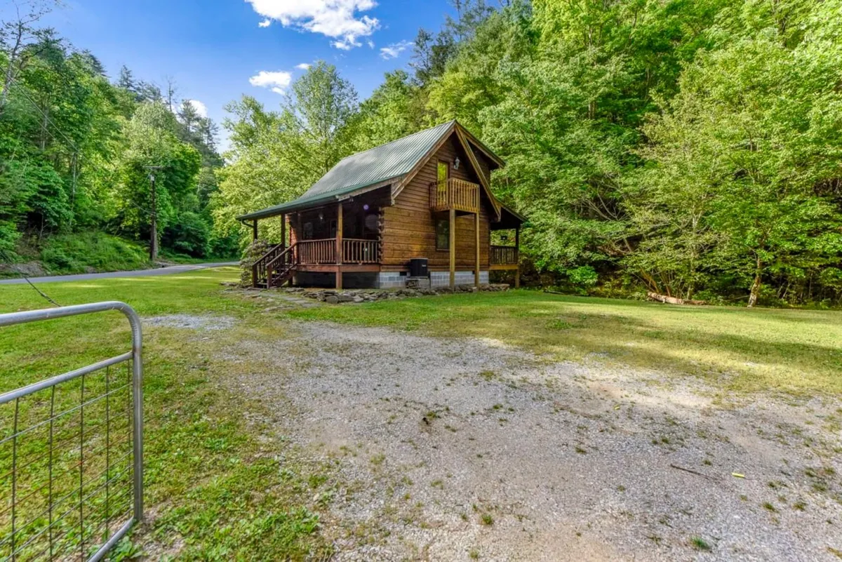 This image features the exterior of a charming log cabin set amidst lush greenery, with a gravel driveway leading up to the house. The surrounding natural landscape signals direct access to the outdoors, ideal for pet-friendly activities like playing in the yard, taking walks, or simply relaxing with your dog. The porch looks inviting for both humans and pets to take in the peaceful scenery.