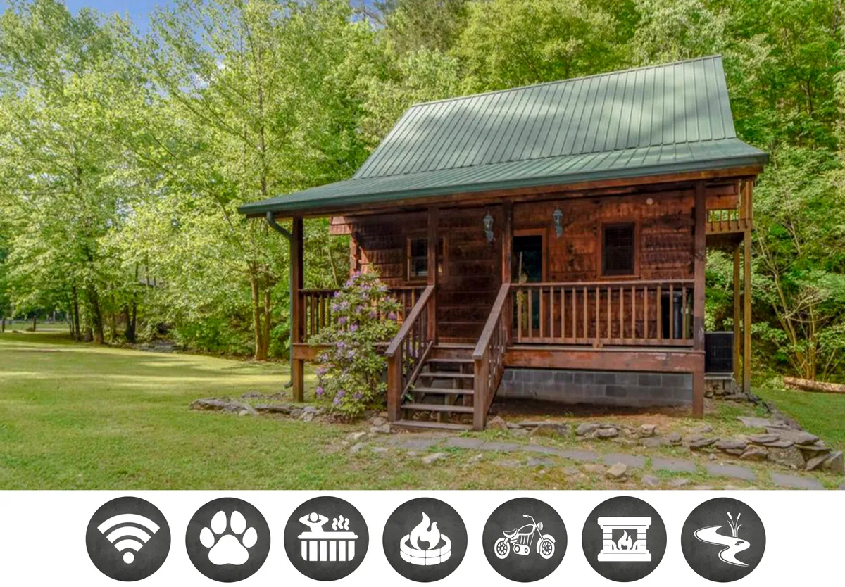 The image showcases a charming wooden cabin with a green metal roof nestled among lush trees. The inviting front porch overlooks tranquil surroundings, hinting at opportunities for relaxation and enjoying nature. Soft sunset light creates a warm, cozy atmosphere, perfect for unwinding after a day of adventure.